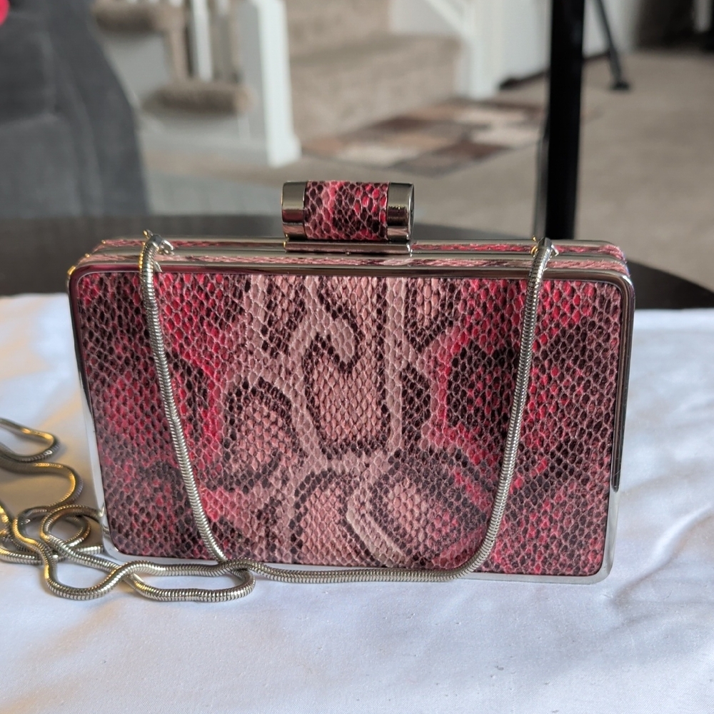 Pink Snake-Print Box Clutch with Chain Strap